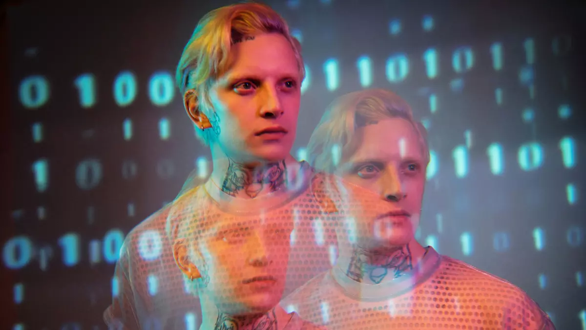 Three people stand against a backdrop of binary code, their faces blurred and overlapping, creating a sense of tension and complexity. The overall tone is enigmatic.